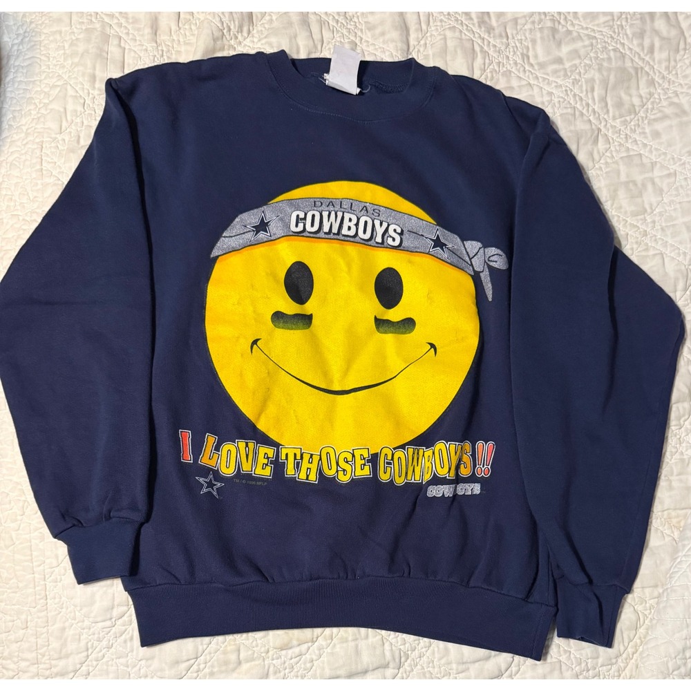 Game Day Dallas Cowboys Sweatshirt Mens L Navy VTG 90s Smiley Face Cliff Engle